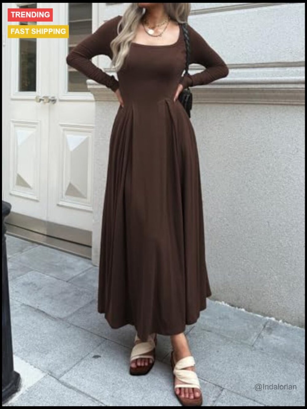 Long Sleeve Square Neck Maxi Dress A-Line Pleated Flowy with Pockets - Picture 3 of 6